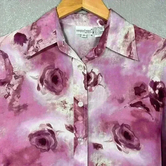 VINTAGE 90s 100% Pure Silk Pink Floral Button Up Blouse White Stitch Women Smal - Picture 2 of 11